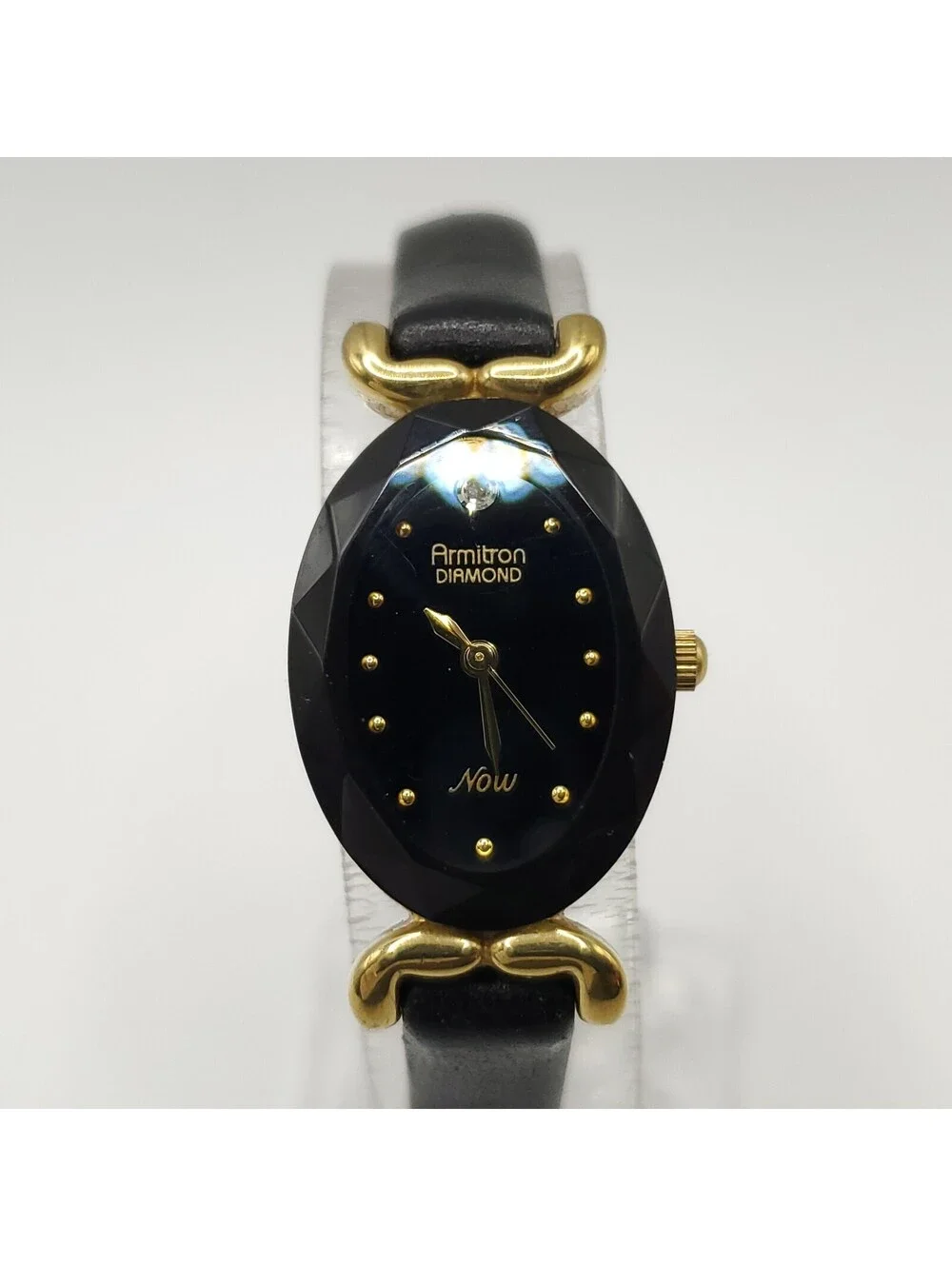 Armitron Diamond Now Black Dial Oval Gold Tone Case Watch New Battery 18mm